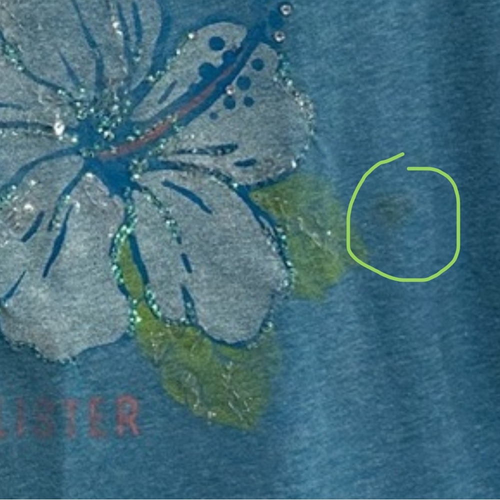 New! Hollister Aqua Blue Sequin & Glitter Floral Print Short Sleeve Tee *Flaw* L - Picture 9 of 10